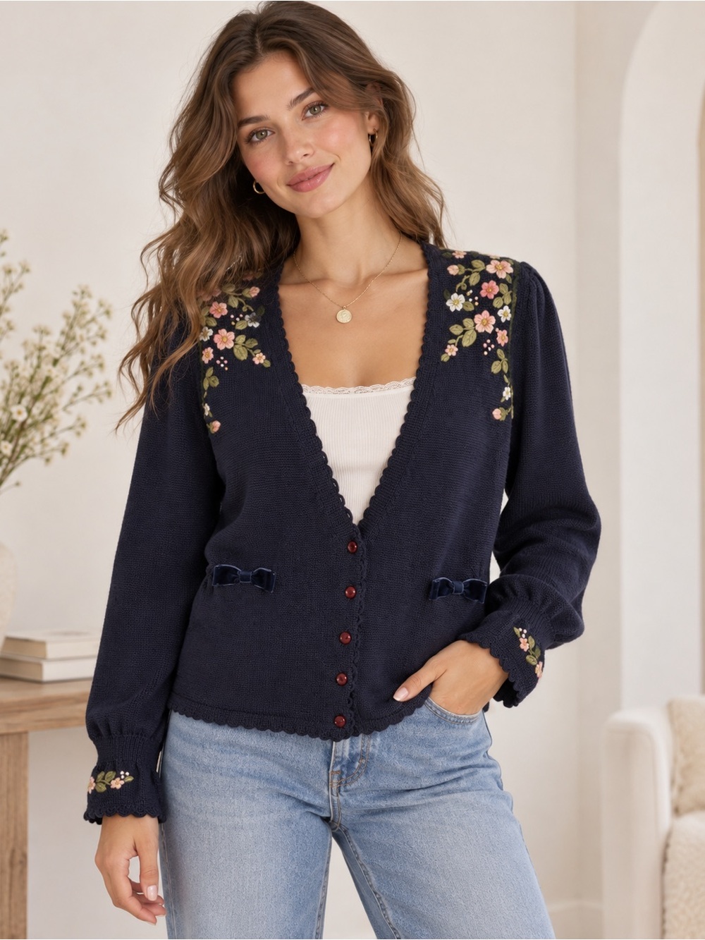 VTG Herman Geist Hand Embroidered Floral Wool Blend Cardigan Navy Size Large
